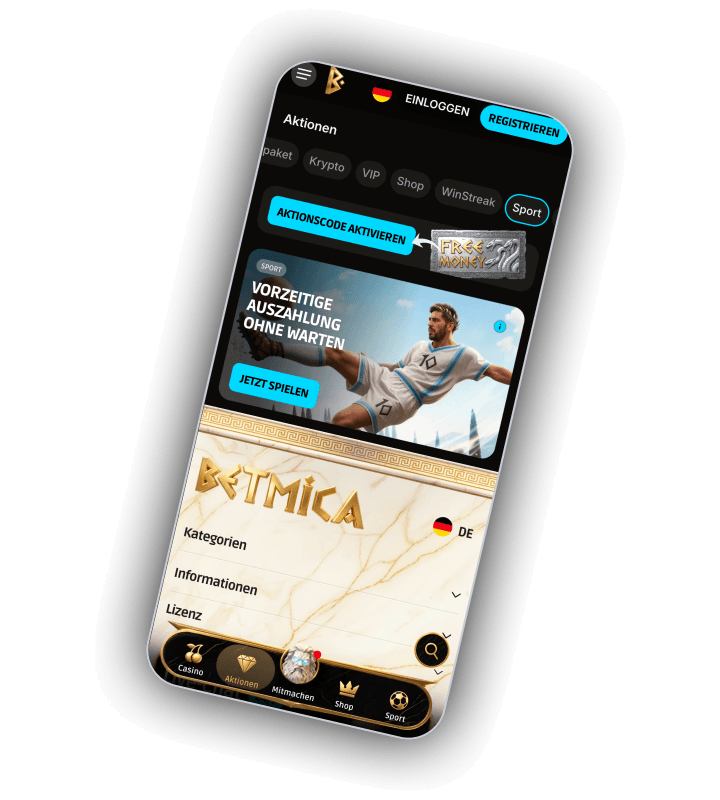 Aktionsbereich von Betmica auf Deutsch mit Startangeboten, Turnieren und WinStreak